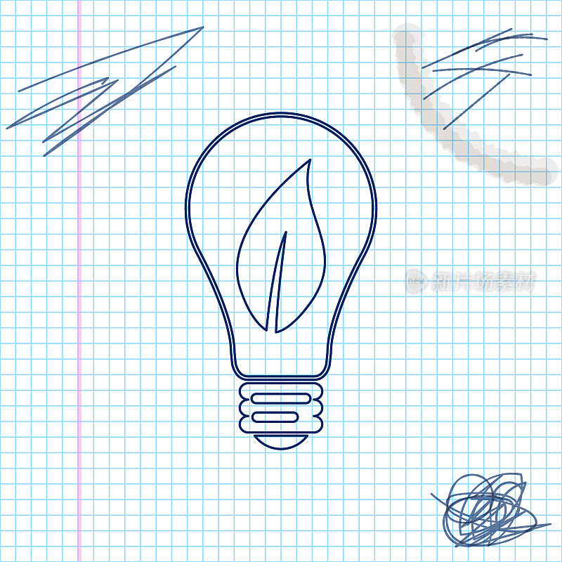 Light bulb with leaf line sketch icon isolated on white background. Eco energy concept. Vector Illustration